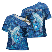 Personalised Northern Mariana Islands Cross Shoulder Shirt Galaxy Polynesian Shark Tattoo - Polynesian Pride