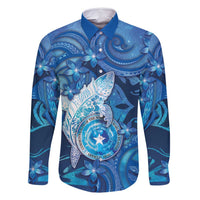 Personalised Northern Mariana Islands Family Matching Mermaid Dress and Hawaiian Shirt Galaxy Polynesian Shark Tattoo DT05 Dad's Shirt - Long Sleeve Blue - Polynesian Pride