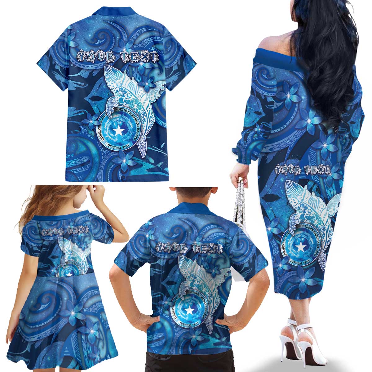 Personalised Northern Mariana Islands Family Matching Off The Shoulder Long Sleeve Dress and Hawaiian Shirt Galaxy Polynesian Shark Tattoo DT05 - Polynesian Pride