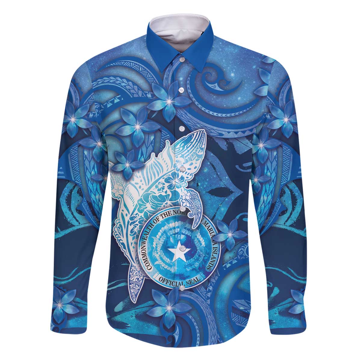 Personalised Northern Mariana Islands Family Matching Off The Shoulder Long Sleeve Dress and Hawaiian Shirt Galaxy Polynesian Shark Tattoo DT05 Dad's Shirt - Long Sleeve Blue - Polynesian Pride