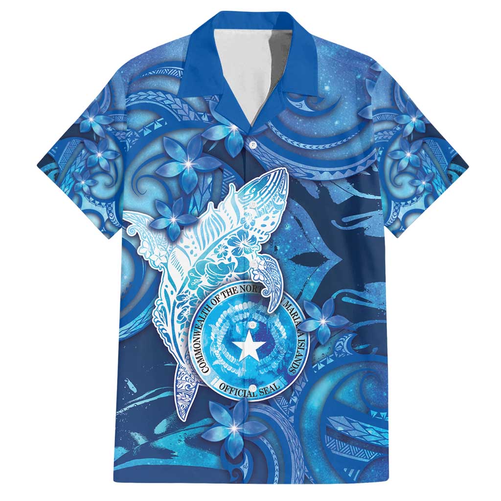 Personalised Northern Mariana Islands Family Matching Off Shoulder Maxi Dress and Hawaiian Shirt Galaxy Polynesian Shark Tattoo DT05 Dad's Shirt - Short Sleeve Blue - Polynesian Pride