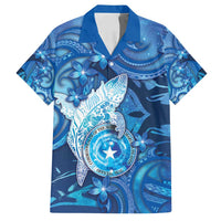 Personalised Northern Mariana Islands Family Matching Off Shoulder Maxi Dress and Hawaiian Shirt Galaxy Polynesian Shark Tattoo DT05 Dad's Shirt - Short Sleeve Blue - Polynesian Pride