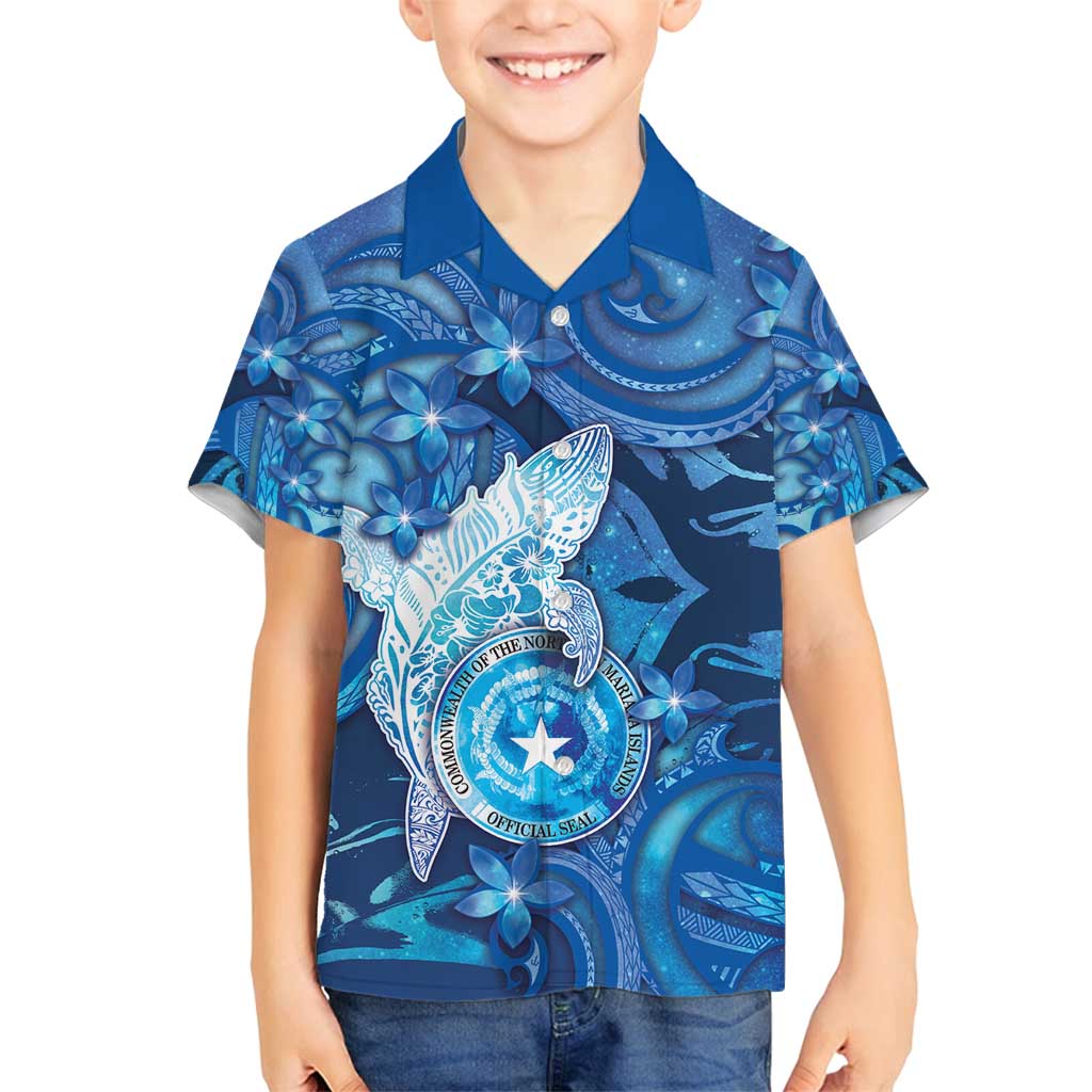 Personalised Northern Mariana Islands Family Matching Off Shoulder Maxi Dress and Hawaiian Shirt Galaxy Polynesian Shark Tattoo DT05 Son's Shirt Blue - Polynesian Pride