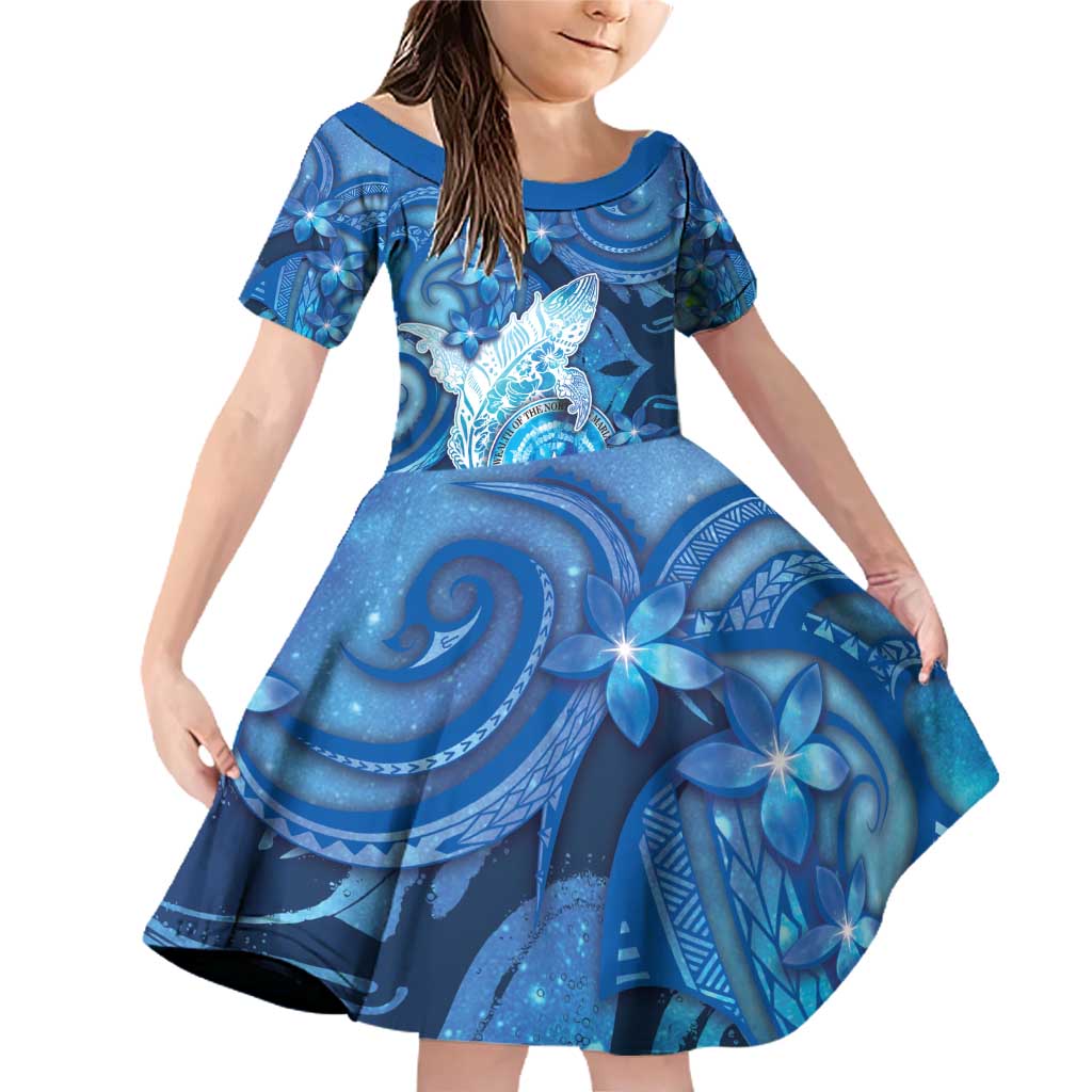 Personalised Northern Mariana Islands Family Matching Off Shoulder Short Dress and Hawaiian Shirt Galaxy Polynesian Shark Tattoo DT05 Daughter's Dress Blue - Polynesian Pride
