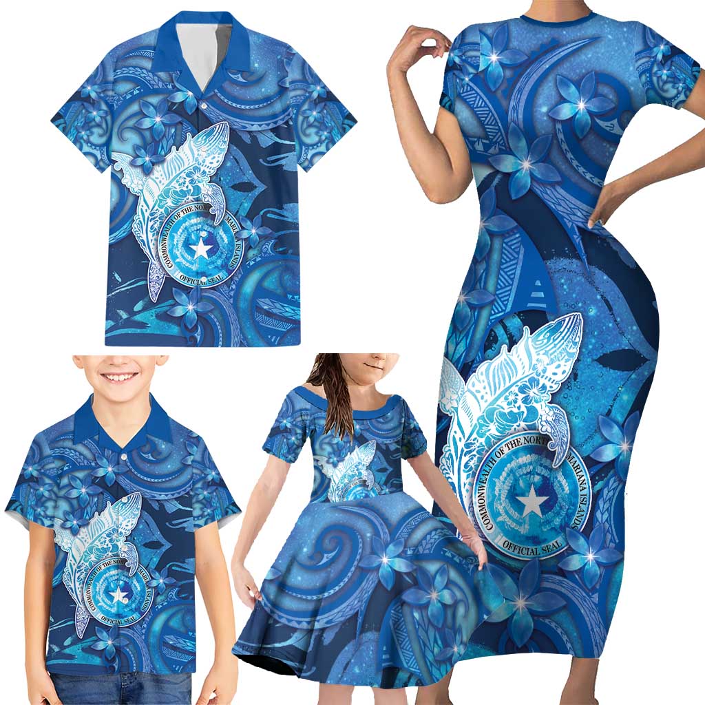Personalised Northern Mariana Islands Family Matching Short Sleeve Bodycon Dress and Hawaiian Shirt Galaxy Polynesian Shark Tattoo DT05 - Polynesian Pride