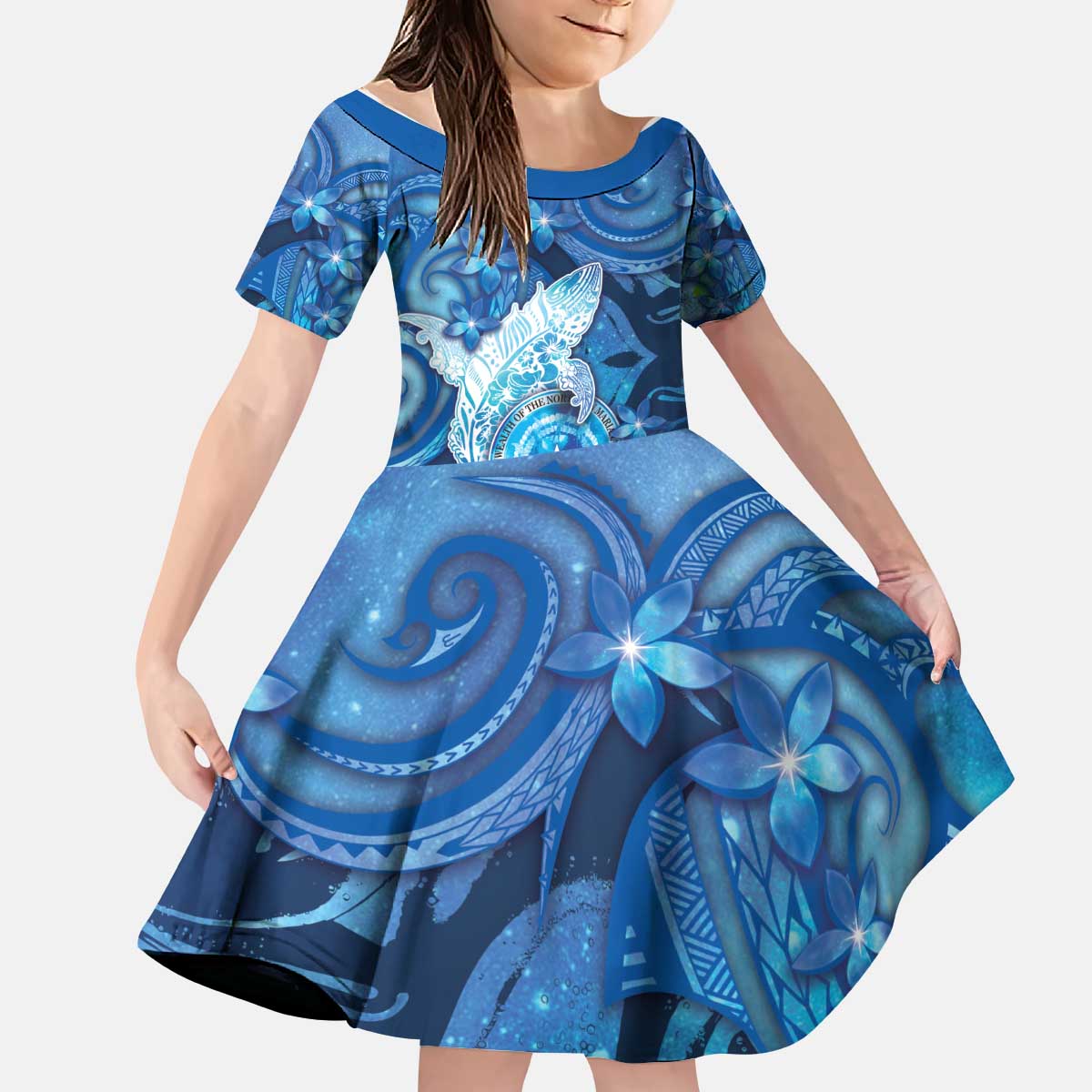 Personalised Northern Mariana Islands Kid Short Sleeve Dress Galaxy Polynesian Shark Tattoo - Polynesian Pride