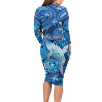 Personalised Northern Mariana Islands Long Sleeve Bodycon Dress Galaxy Polynesian Shark Tattoo - Polynesian Pride