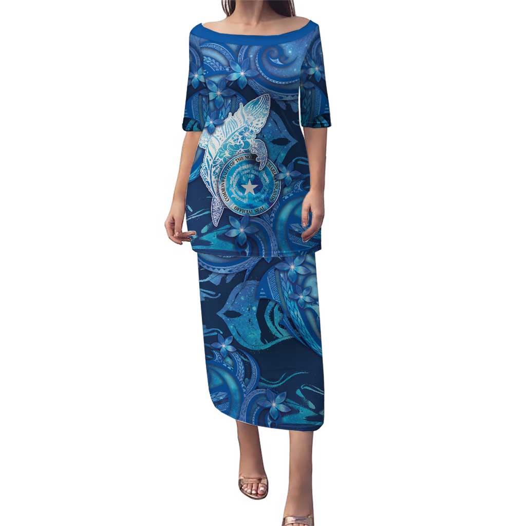 Personalised Northern Mariana Islands Puletasi Galaxy Polynesian Shark Tattoo DT05 Long Dress Blue - Polynesian Pride