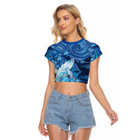 Personalised Northern Mariana Islands Raglan Cropped T Shirt Galaxy Polynesian Shark Tattoo DT05 Female Blue - Polynesian Pride