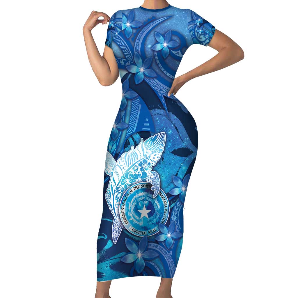Personalised Northern Mariana Islands Short Sleeve Bodycon Dress Galaxy Polynesian Shark Tattoo - Polynesian Pride