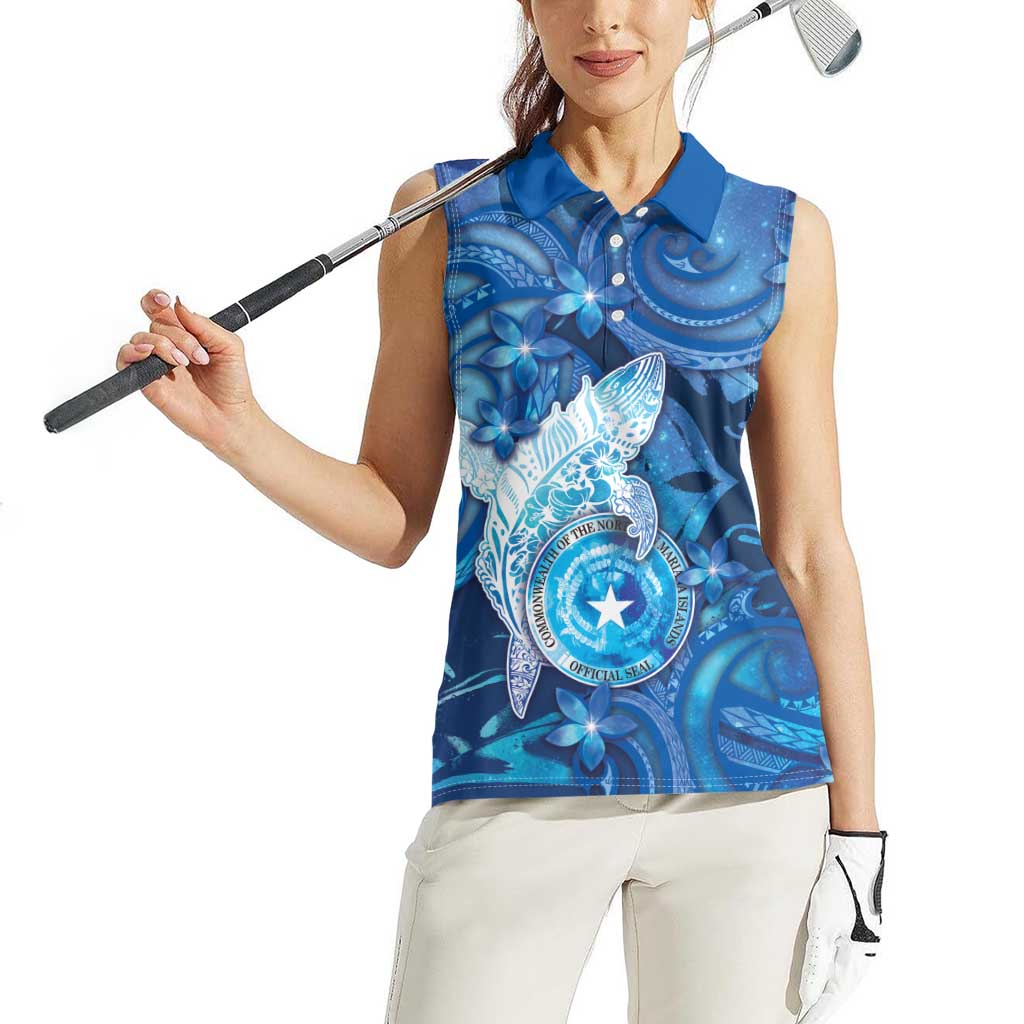 Personalised Northern Mariana Islands Women Sleeveless Polo Shirt Galaxy Polynesian Shark Tattoo - Polynesian Pride