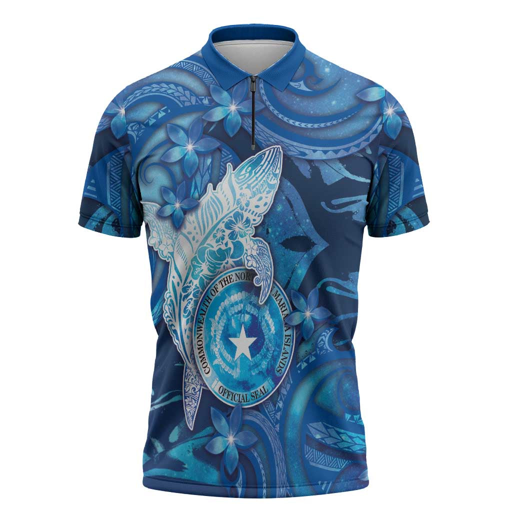 Personalised Northern Mariana Islands Zipper Polo Shirt Galaxy Polynesian Shark Tattoo - Polynesian Pride