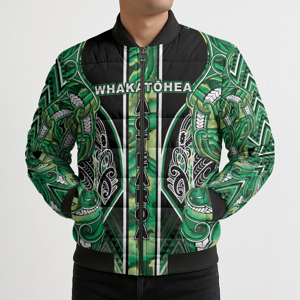 Aotearoa Whakatohea Bomber Puffer Jacket Maori Tribal Green Abalone Paua Shell Pattern DT05 - Polynesian Pride