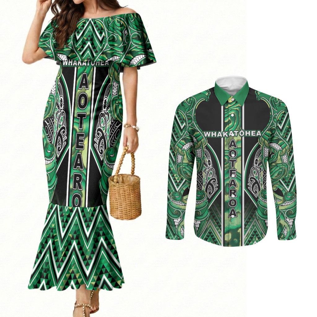 Aotearoa Whakatohea Couples Matching Mermaid Dress and Long Sleeve Button Shirt Maori Tribal Green Abalone Paua Shell Pattern DT05 Green - Polynesian Pride