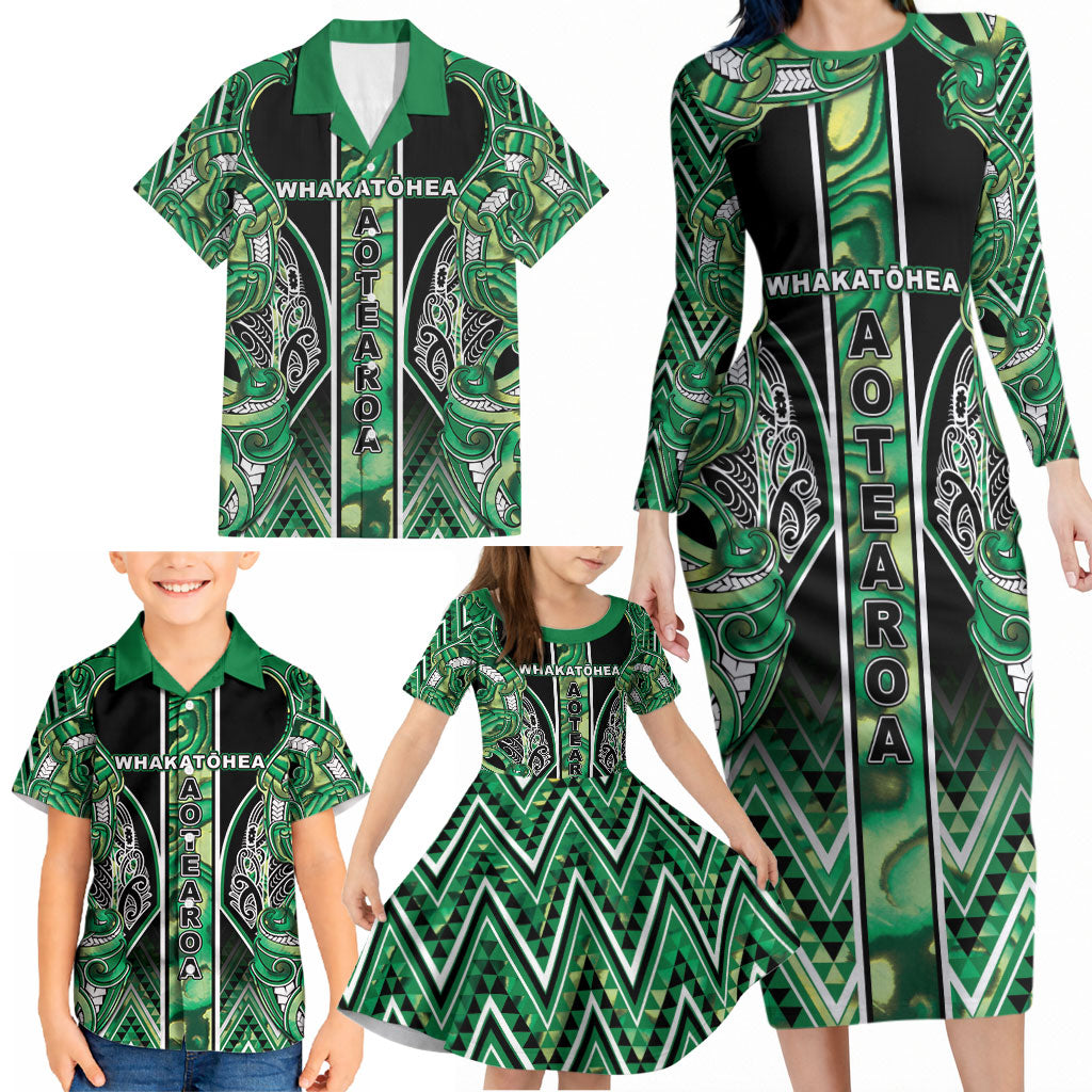 Aotearoa Whakatohea Family Matching Long Sleeve Bodycon Dress and Hawaiian Shirt Maori Tribal Green Abalone Paua Shell Pattern DT05 - Polynesian Pride