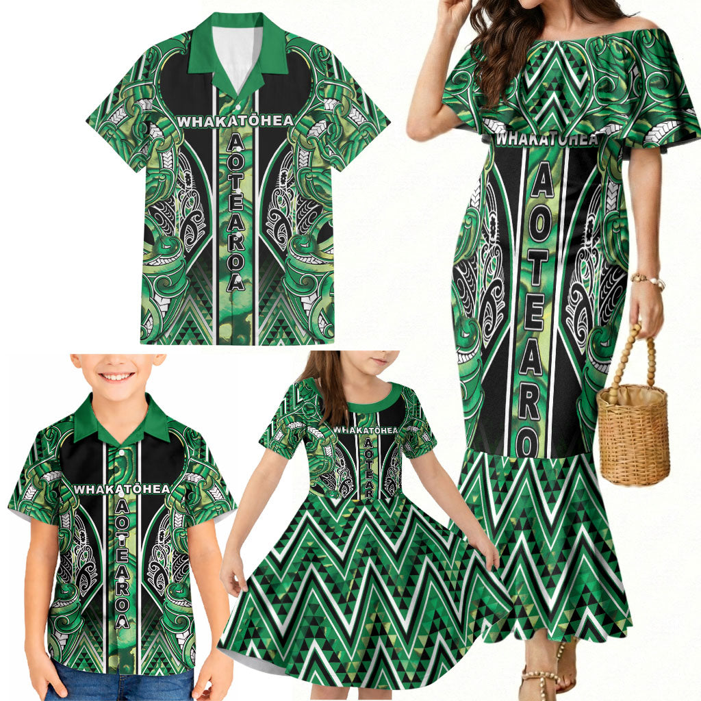 Aotearoa Whakatohea Family Matching Mermaid Dress and Hawaiian Shirt Maori Tribal Green Abalone Paua Shell Pattern DT05 - Polynesian Pride