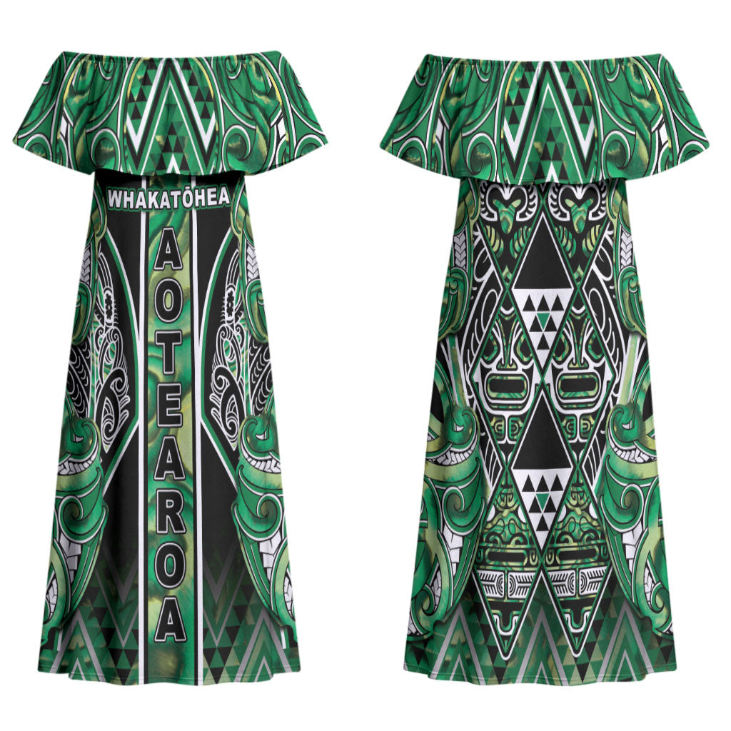 Aotearoa Whakatohea Family Matching Off Shoulder Maxi Dress and Hawaiian Shirt Maori Tribal Green Abalone Paua Shell Pattern DT05 Mom's Dress Green - Polynesian Pride