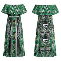 Aotearoa Whakatohea Family Matching Off Shoulder Maxi Dress and Hawaiian Shirt Maori Tribal Green Abalone Paua Shell Pattern DT05 Mom's Dress Green - Polynesian Pride