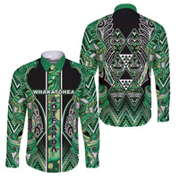 Aotearoa Whakatohea Family Matching Off Shoulder Maxi Dress and Hawaiian Shirt Maori Tribal Green Abalone Paua Shell Pattern DT05 Dad's Shirt - Long Sleeve Green - Polynesian Pride