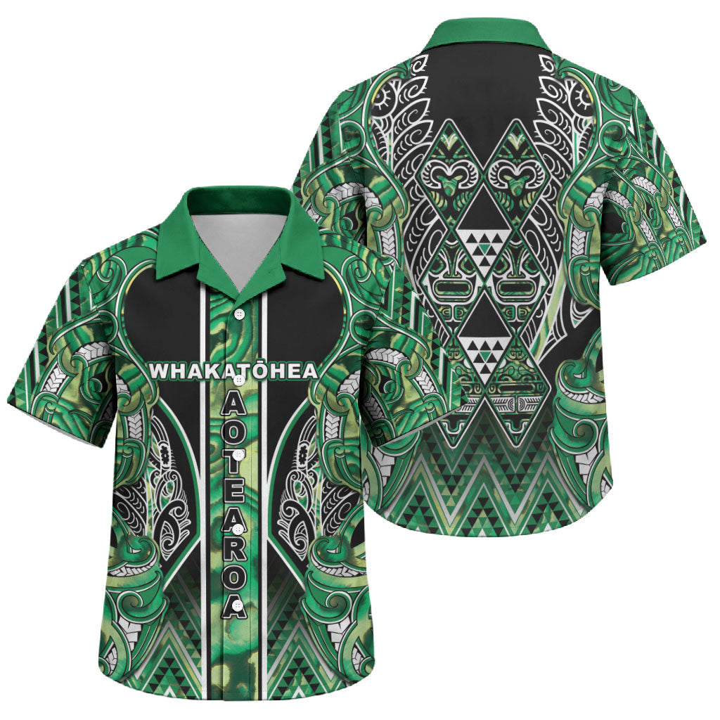 Aotearoa Whakatohea Family Matching Off Shoulder Maxi Dress and Hawaiian Shirt Maori Tribal Green Abalone Paua Shell Pattern DT05 Son's Shirt Green - Polynesian Pride