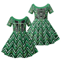 Aotearoa Whakatohea Family Matching Off Shoulder Short Dress and Hawaiian Shirt Maori Tribal Green Abalone Paua Shell Pattern DT05 Daughter's Dress Green - Polynesian Pride
