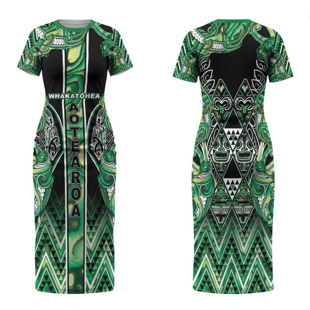 Aotearoa Whakatohea Family Matching Short Sleeve Bodycon Dress and Hawaiian Shirt Maori Tribal Green Abalone Paua Shell Pattern DT05 Mom's Dress Green - Polynesian Pride