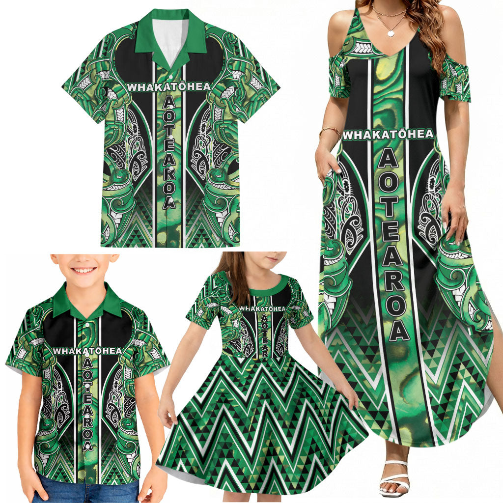 Aotearoa Whakatohea Family Matching Summer Maxi Dress and Hawaiian Shirt Maori Tribal Green Abalone Paua Shell Pattern DT05 - Polynesian Pride