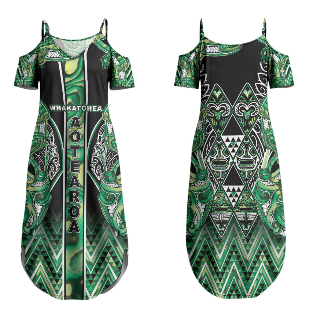 Aotearoa Whakatohea Family Matching Summer Maxi Dress and Hawaiian Shirt Maori Tribal Green Abalone Paua Shell Pattern DT05 Mom's Dress Green - Polynesian Pride