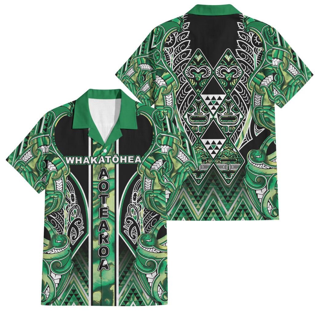 Aotearoa Whakatohea Family Matching Summer Maxi Dress and Hawaiian Shirt Maori Tribal Green Abalone Paua Shell Pattern DT05 Dad's Shirt - Short Sleeve Green - Polynesian Pride