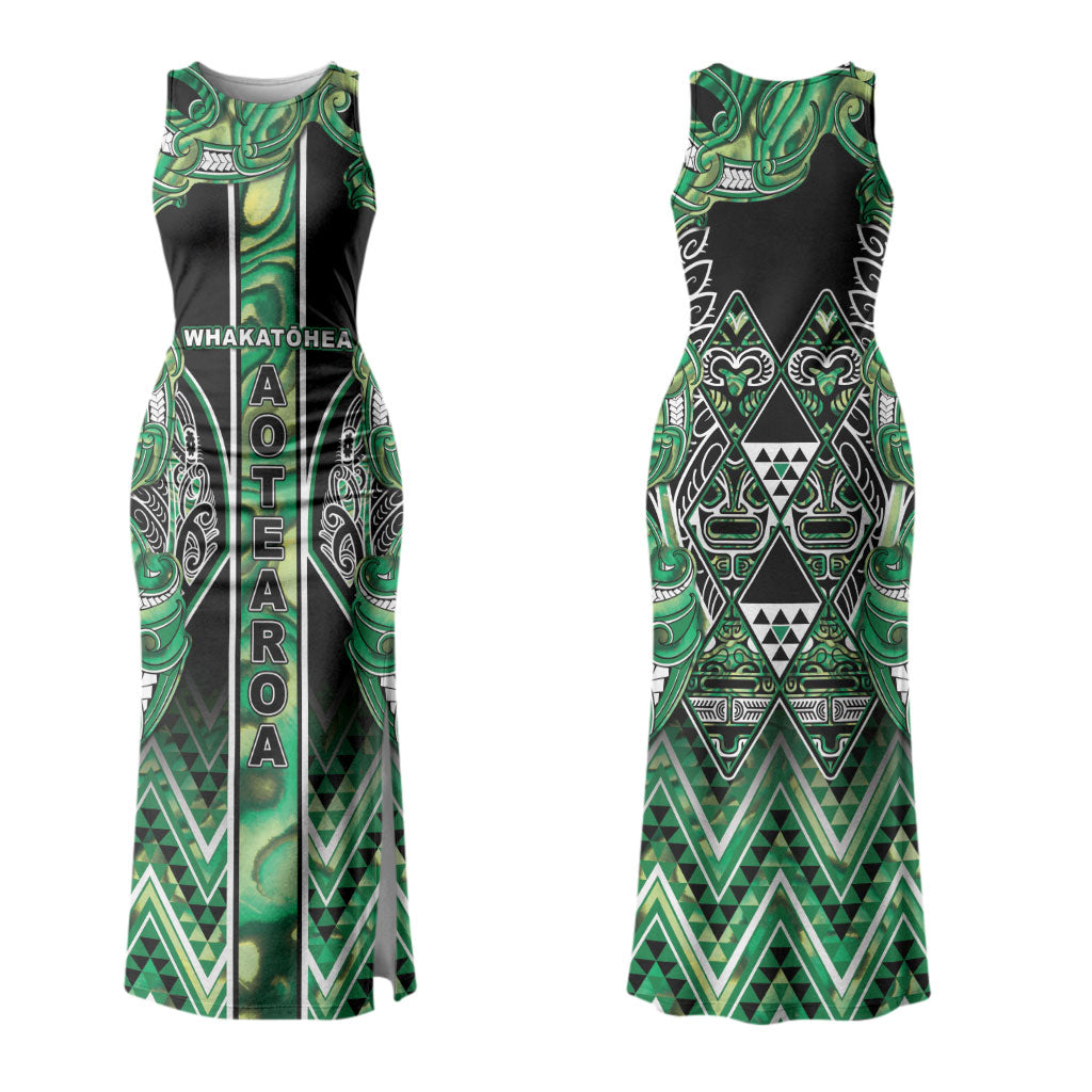 Aotearoa Whakatohea Family Matching Tank Maxi Dress and Hawaiian Shirt Maori Tribal Green Abalone Paua Shell Pattern DT05 Mom's Dress Green - Polynesian Pride