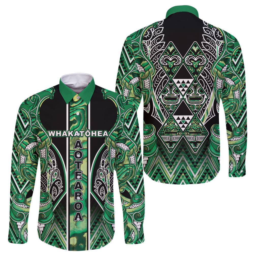 Aotearoa Whakatohea Family Matching Tank Maxi Dress and Hawaiian Shirt Maori Tribal Green Abalone Paua Shell Pattern DT05 Dad's Shirt - Long Sleeve Green - Polynesian Pride