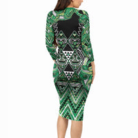Aotearoa Whakatohea Long Sleeve Bodycon Dress Maori Tribal Green Abalone Paua Shell Pattern DT05 - Polynesian Pride
