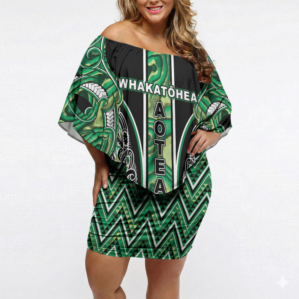 Aotearoa Whakatohea Off Shoulder Short Dress Maori Tribal Green Abalone Paua Shell Pattern