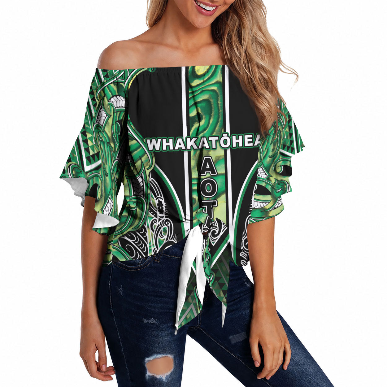 Aotearoa Whakatohea Off Shoulder Wrap Waist Top Maori Tribal Green Abalone Paua Shell Pattern