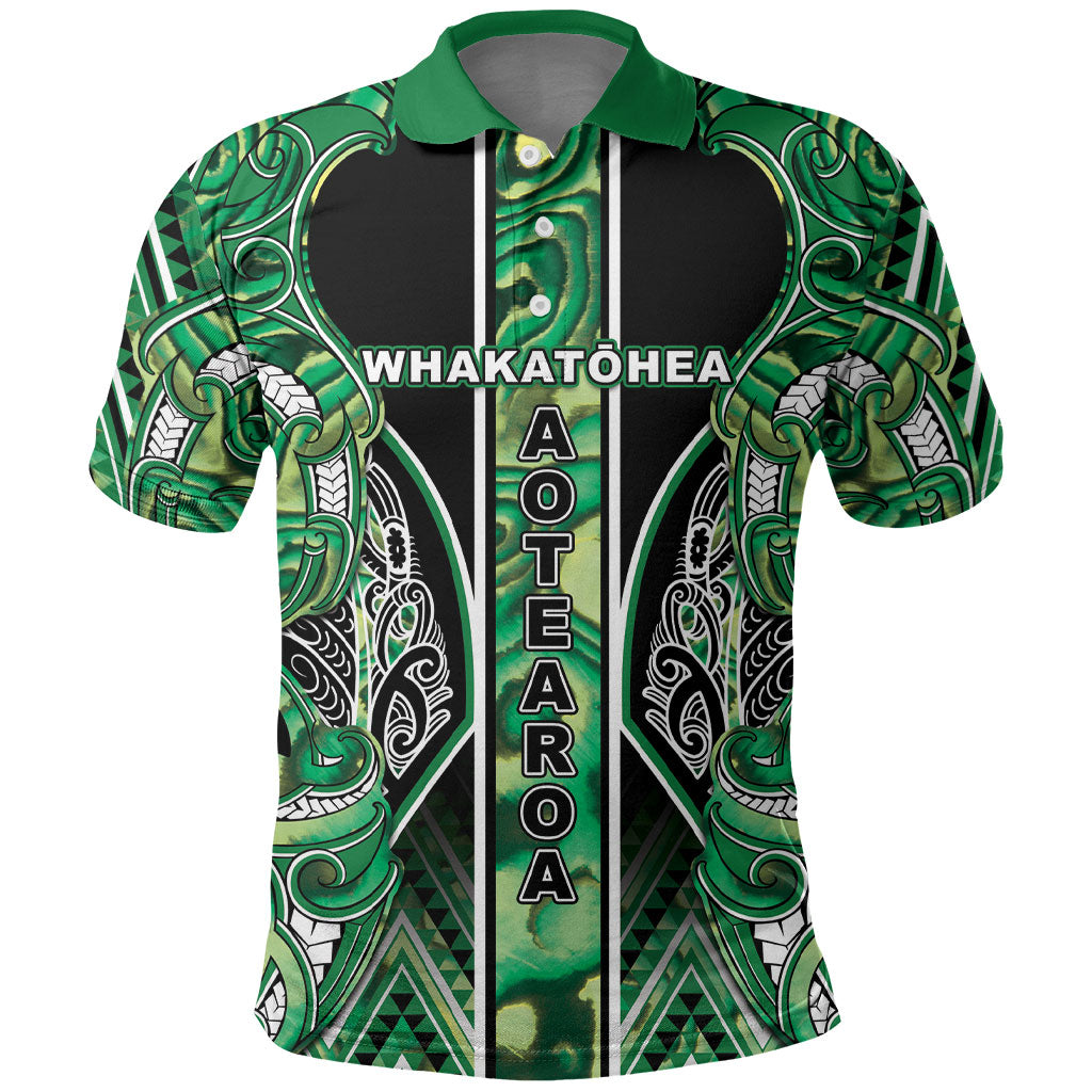 Aotearoa Whakatohea Polo Shirt Maori Tribal Green Abalone Paua Shell Pattern