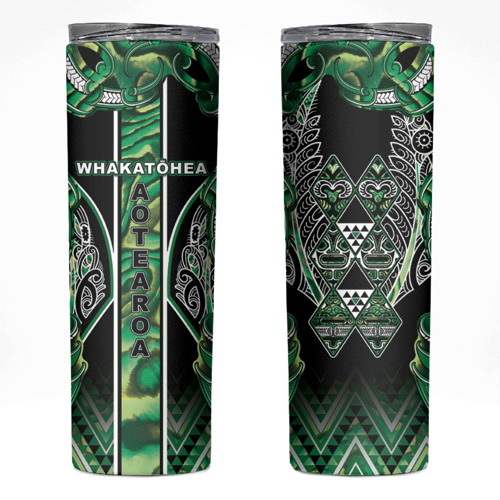 Aotearoa Whakatohea Skinny Tumbler Maori Tribal Green Abalone Paua Shell Pattern DT05 Green - Polynesian Pride