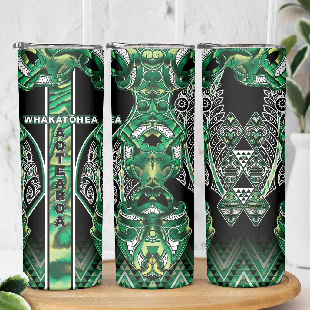 Aotearoa Whakatohea Skinny Tumbler Maori Tribal Green Abalone Paua Shell Pattern DT05 - Polynesian Pride