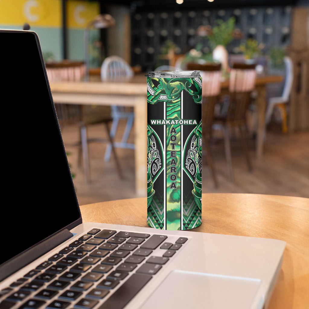 Aotearoa Whakatohea Skinny Tumbler Maori Tribal Green Abalone Paua Shell Pattern DT05 - Polynesian Pride