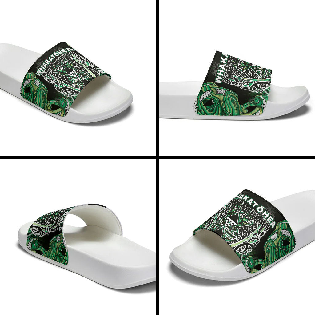 Aotearoa Whakatohea Slide Sandals Maori Tribal Green Abalone Paua Shell Pattern DT05 - Polynesian Pride