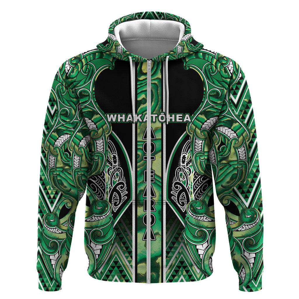 Aotearoa Whakatohea Zip Hoodie Maori Tribal Green Abalone Paua Shell Pattern DT05 Zip Hoodie Green - Polynesian Pride