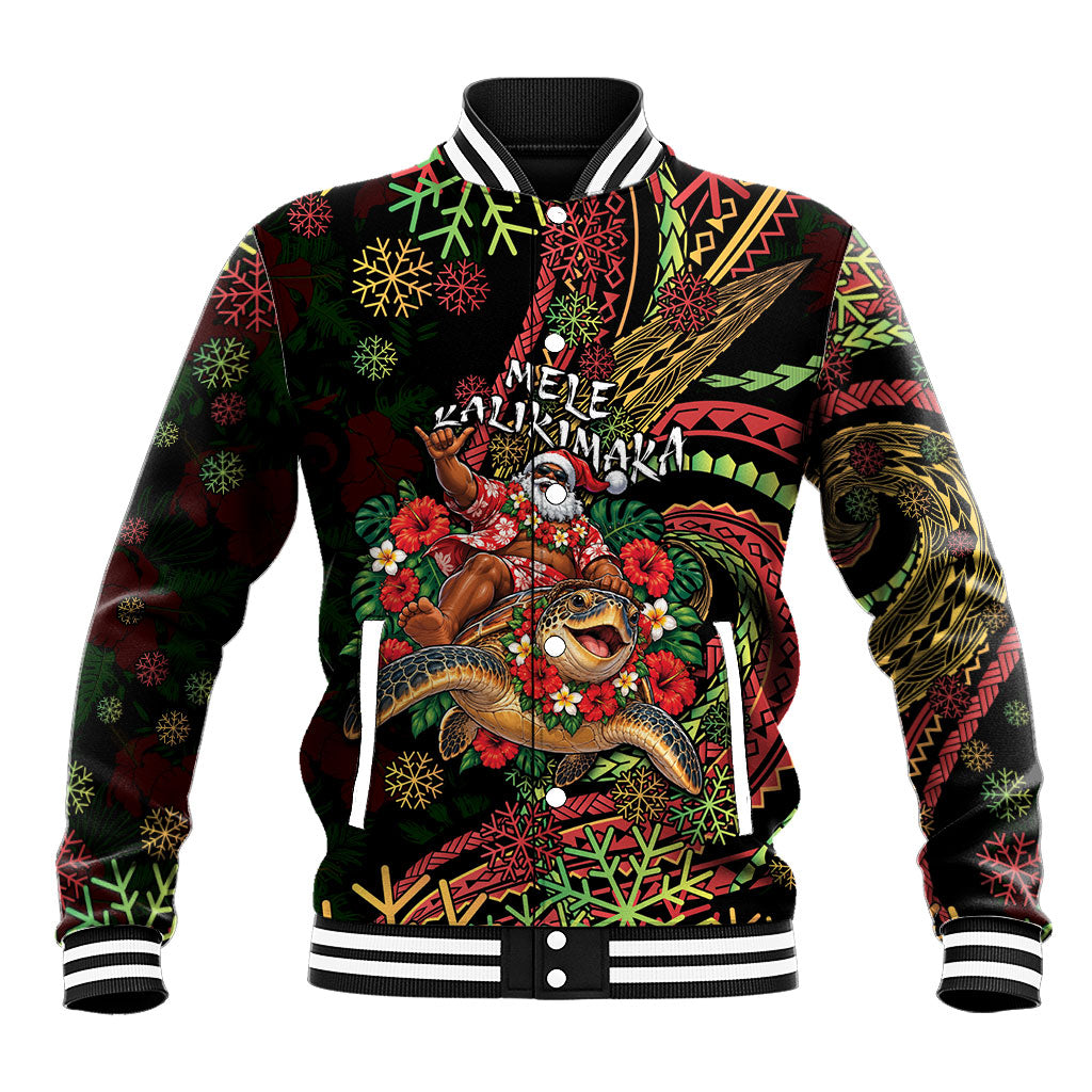 Hawaii Christmas Baseball Jacket Aloha Santa Riding Honu DT05 Unisex Black - Polynesian Pride