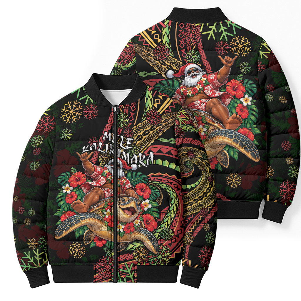 Hawaii Christmas Bomber Puffer Jacket Aloha Santa Riding Honu DT05 - Polynesian Pride