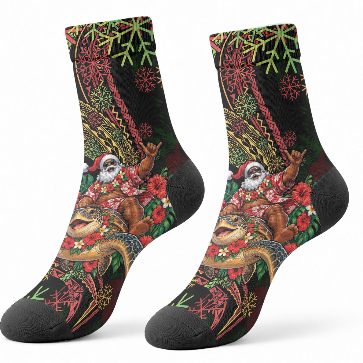 Hawaii Christmas Crew Socks Aloha Santa Riding Honu DT05 - Polynesian Pride