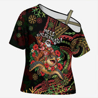 Hawaii Christmas Cross Shoulder Shirt Aloha Santa Riding Honu DT05 Female Black - Polynesian Pride