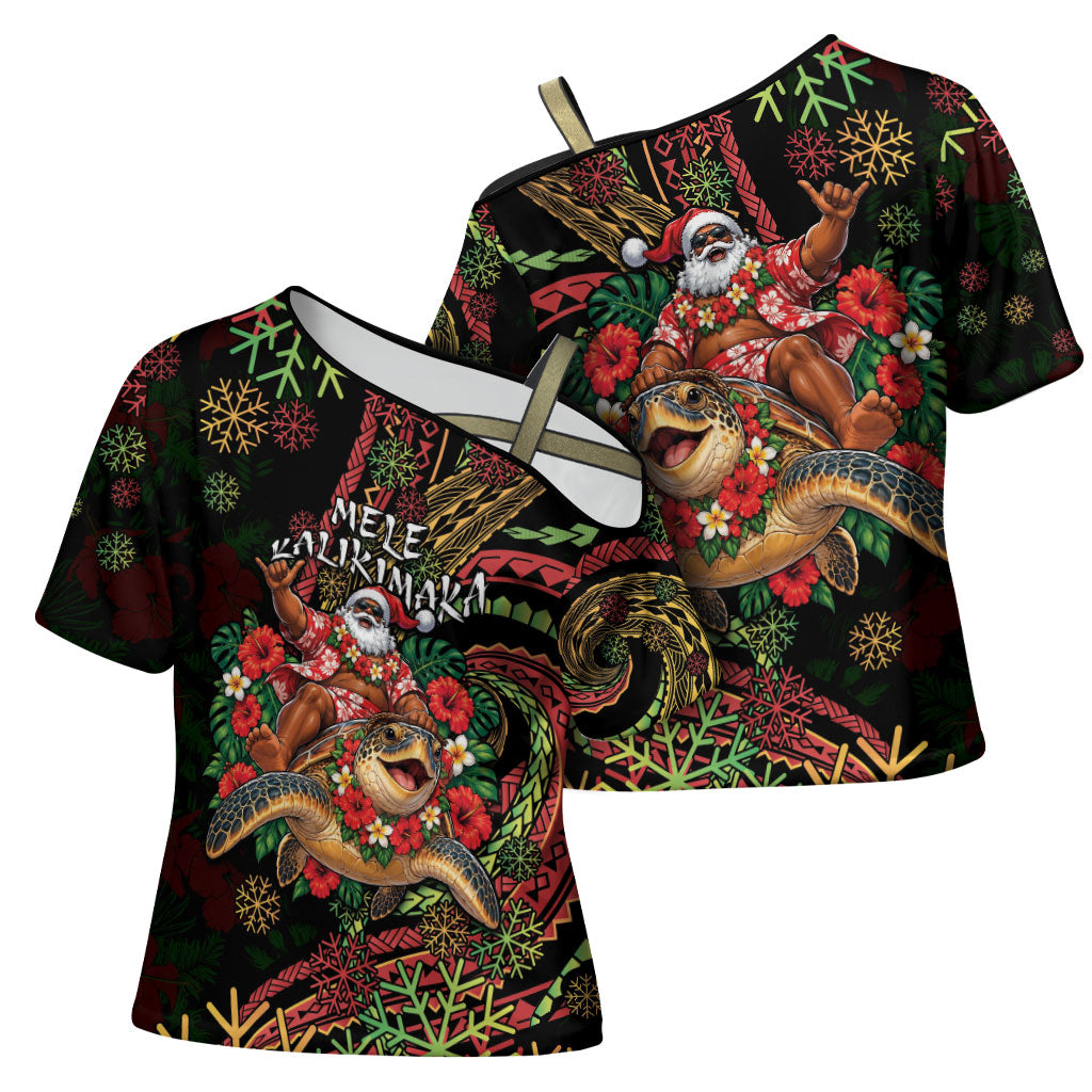 Hawaii Christmas Cross Shoulder Shirt Aloha Santa Riding Honu DT05 - Polynesian Pride