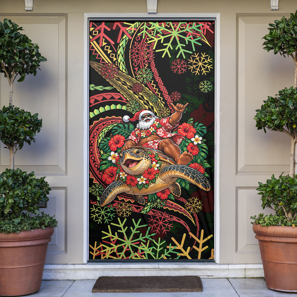 Hawaii Christmas Door Cover Aloha Santa Riding Honu DT05 Black - Polynesian Pride