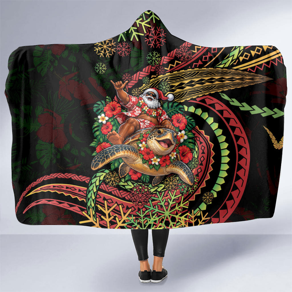 Hawaii Christmas Hooded Blanket Aloha Santa Riding Honu DT05 One Size Black - Polynesian Pride