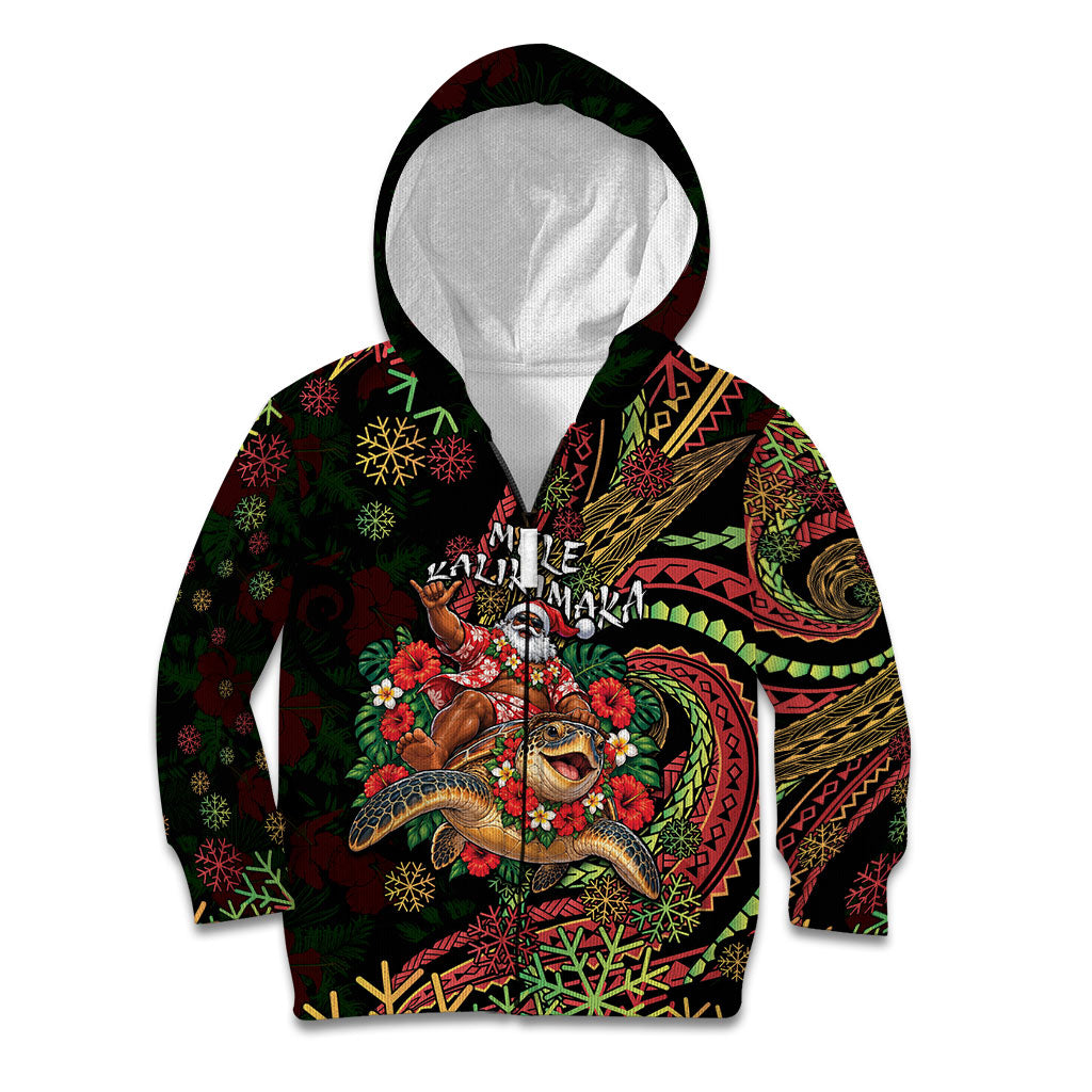 Hawaii Christmas Kid Hoodie Aloha Santa Riding Honu DT05 Zip Hoodie Black - Polynesian Pride