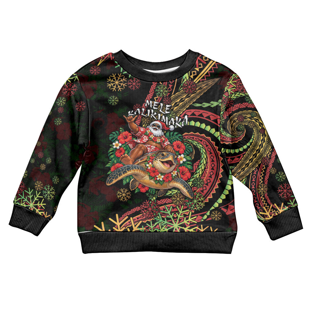 Hawaii Christmas Kid Ugly Christmas Sweater Aloha Santa Riding Honu DT05 Kid Black - Polynesian Pride