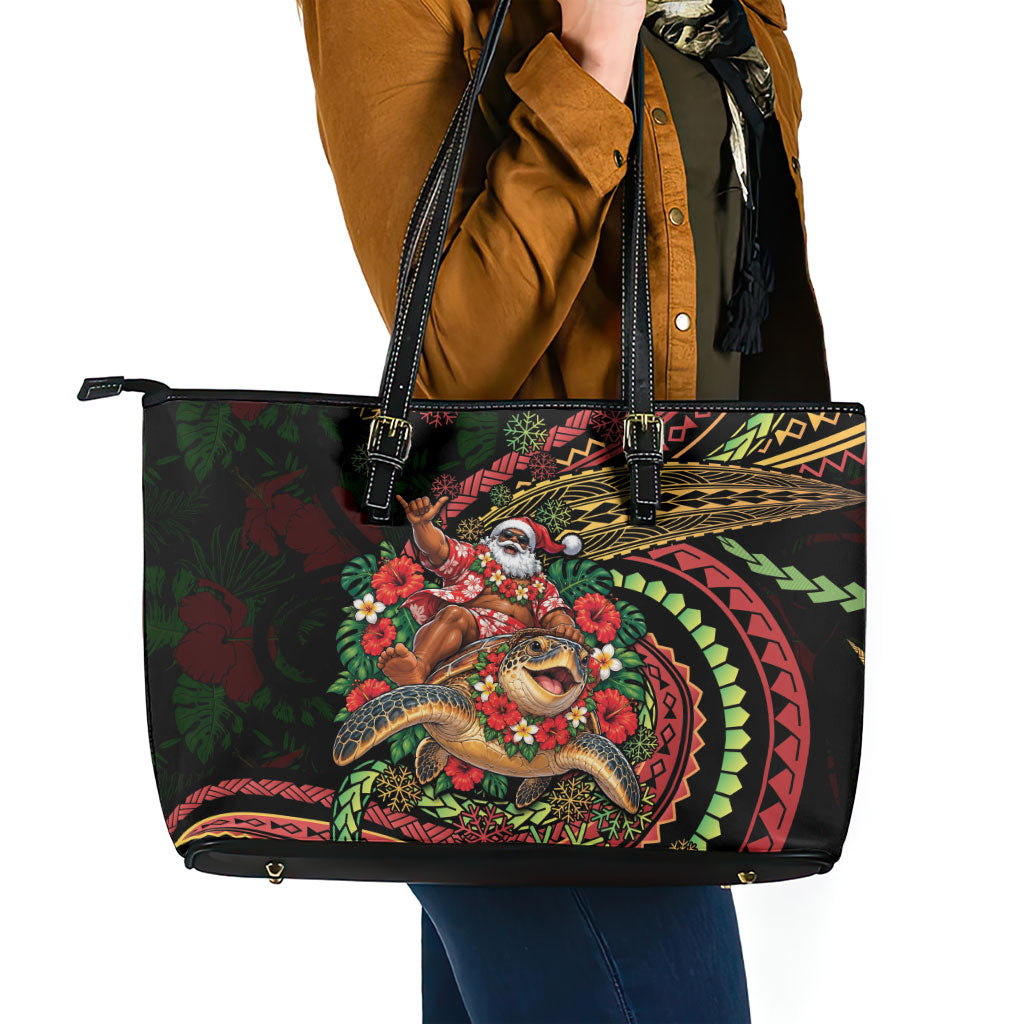 Hawaii Christmas Leather Tote Bag Aloha Santa Riding Honu DT05 - Polynesian Pride